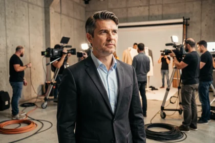 Acteur masculin confiant sur un plateau de tournage entouré de matériel cinématographique professionnel