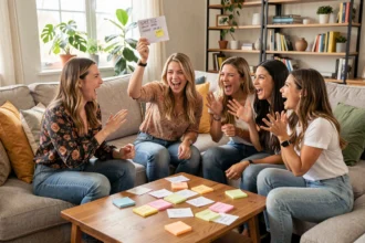 Groupe d'amies jouant à un quiz amusant lors d'un EVJF à la maison autour d'une table basse