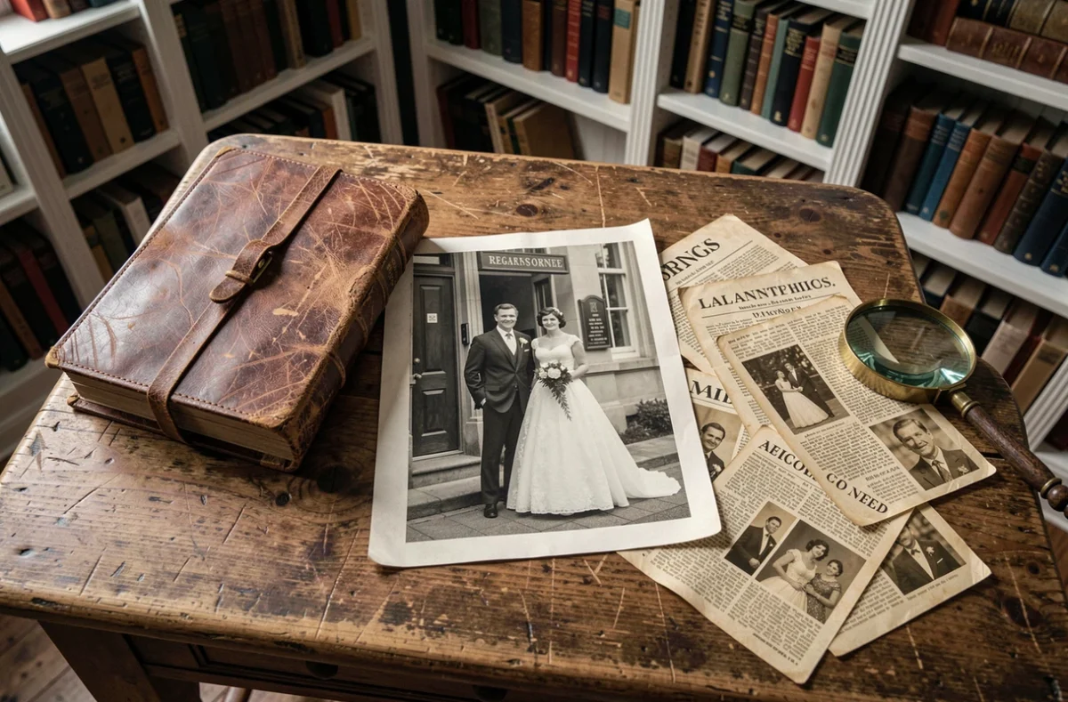 Album photo de mariage vintage années 70 posé sur une table en chêne avec coupures de presse sépia, évoquant un mariage rare et historique