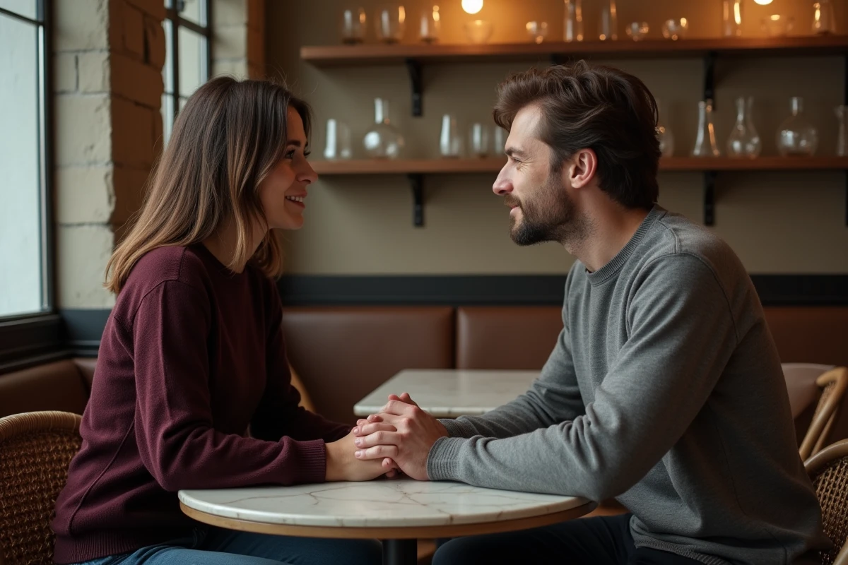 Couple complice se tenant la main dans un café parisien, évoquant une relation amoureuse solide et tendre