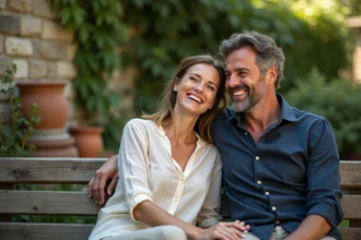 Alicia Dauby souriante avec son mari dans un jardin verdoyant, illustrant leur histoire d'amour complice