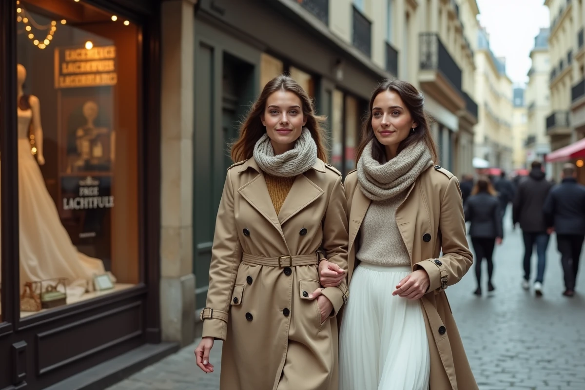Deux amies marchant devant une vitrine vintage à Paris