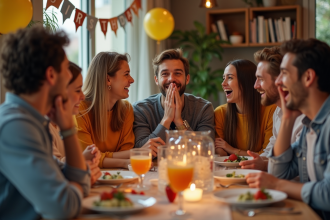 Groupe d'amis riant autour d'une table festive