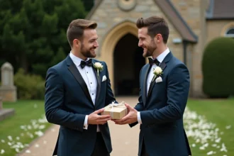 Deux hommes en costume lors d'un mariage souriant