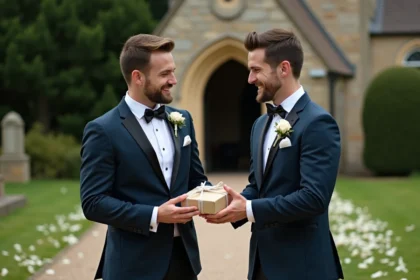 Deux hommes en costume lors d'un mariage souriant