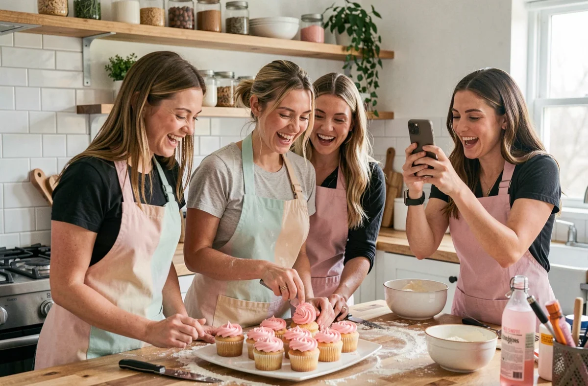 Amies en tabliers décorant des cupcakes ensemble lors d'une animation EVJF à la maison