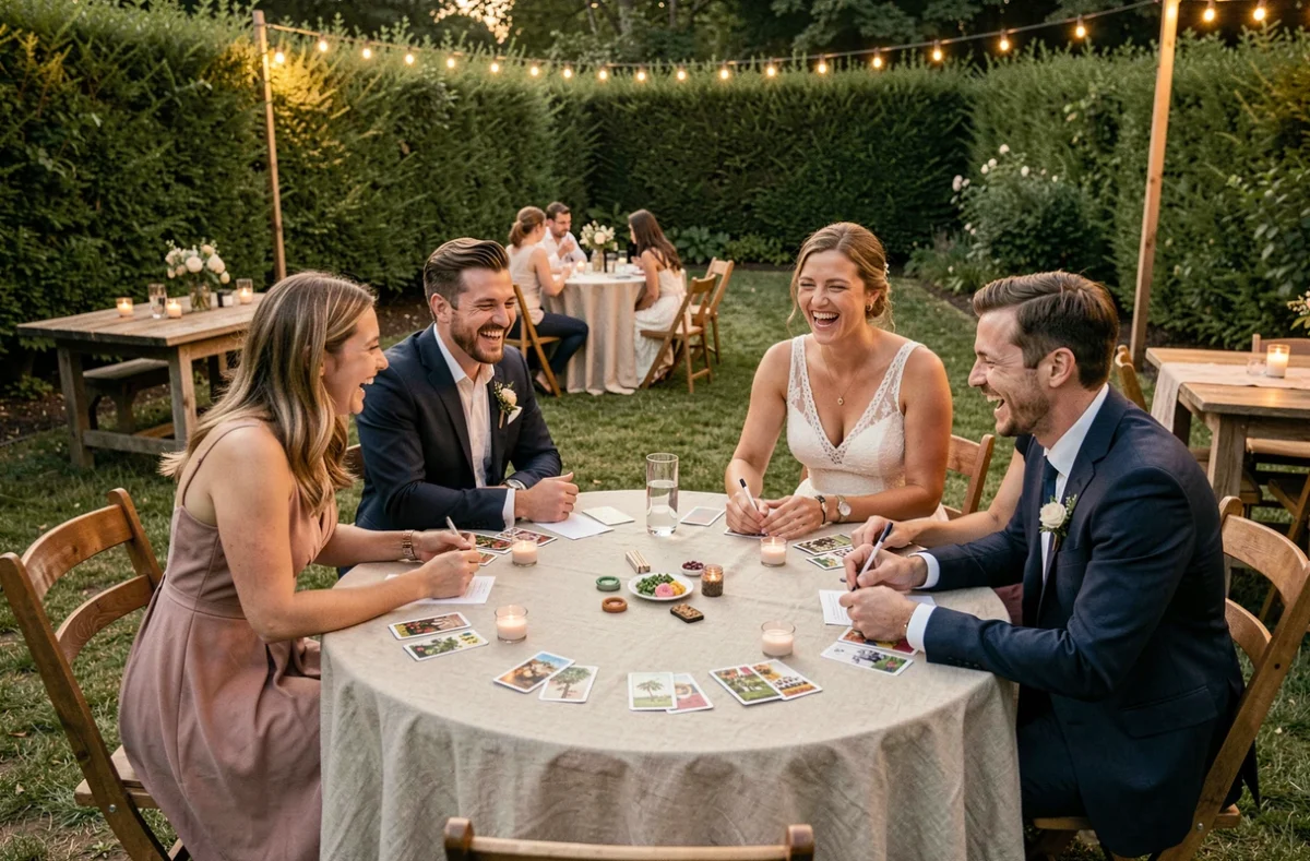 Groupe d'invités de mariage jouant à un jeu d'animation organisé par le témoin autour d'une table décorée lors d'une réception en plein air