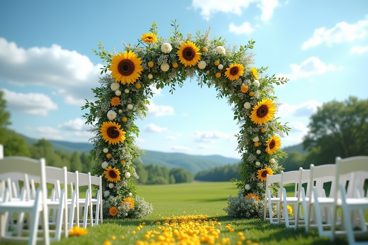 Arche de mariage extérieur décorée de tournesols et eucalyptus dans un champ