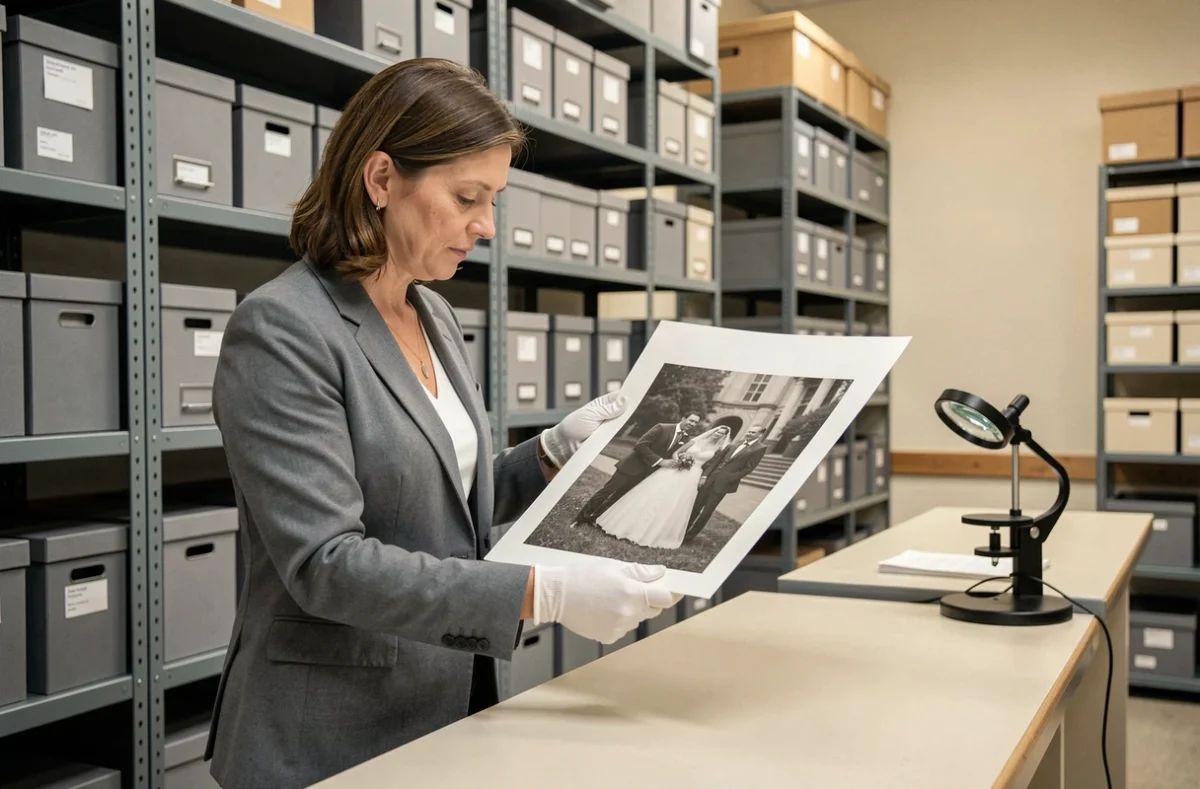 Archiviste examinant une rare photographie de mariage mondain dans une salle d'archives muséale, illustrant la recherche de clichés rares