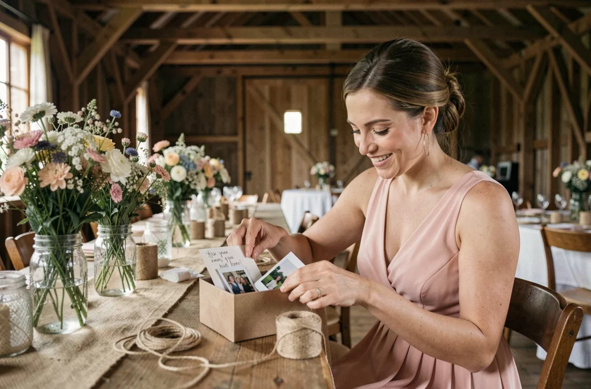 Demoiselle d'honneur animant un atelier créatif pour les invités lors d'une réception de mariage dans une grange rustique décorée de fleurs sauvages