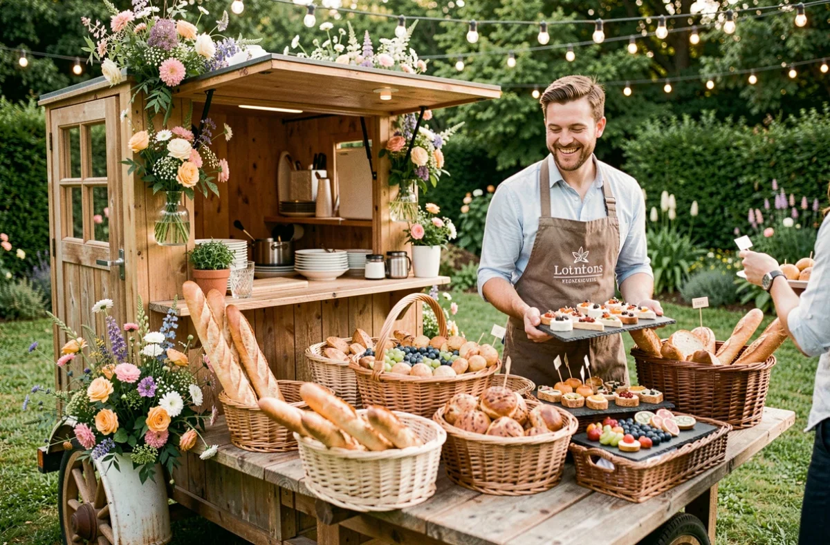 Stand traiteur champêtre en plein air avec spécialités régionales servies lors d'un mariage en jardin