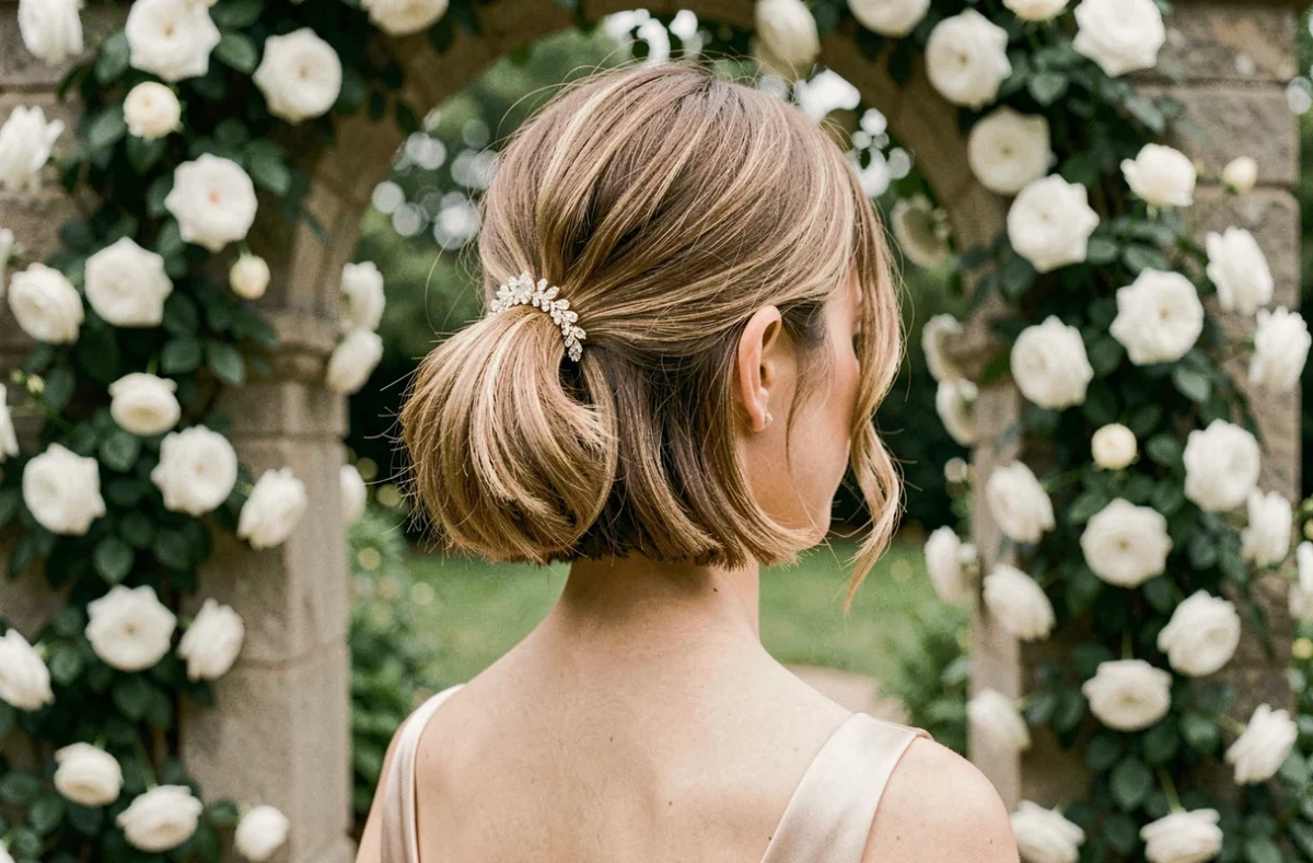 Femme avec un carré court et une pince à cheveux en cristal fixée à la nuque, dans un jardin fleuri lors d'un mariage