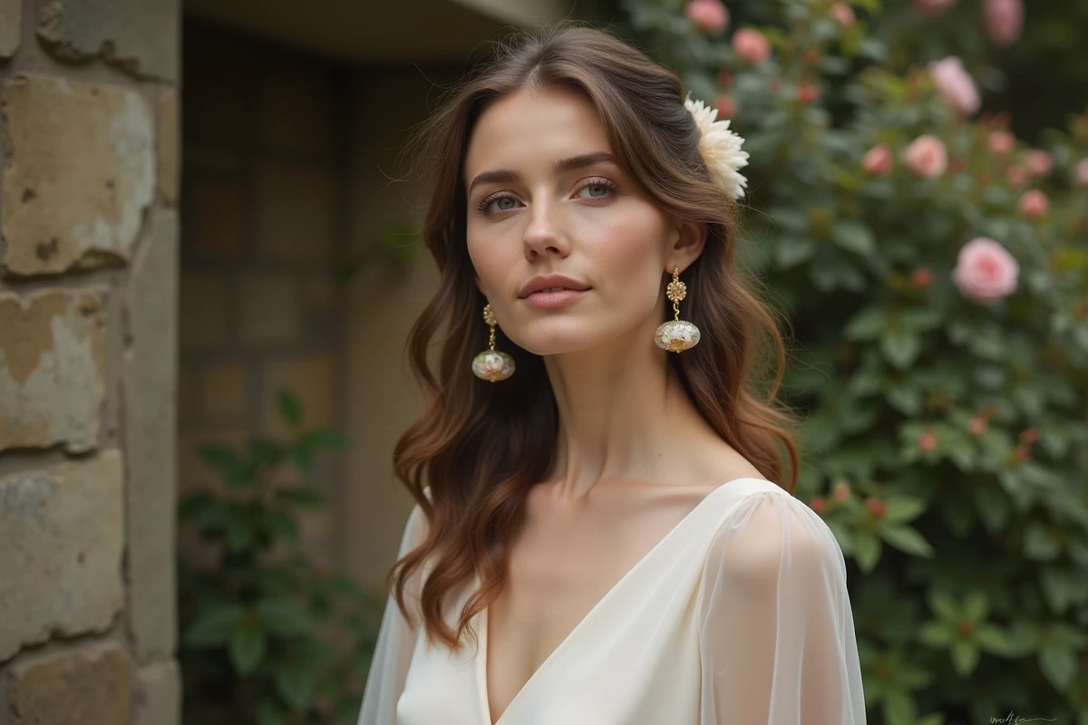 Boucle d'oreille champêtre élégante en fleurs séchées résine et or portée en extérieur dans un jardin fleuri