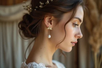 Boucle d'oreille mariage champêtre avec perle et feuille dorée portée par une mariée au chignon romantique
