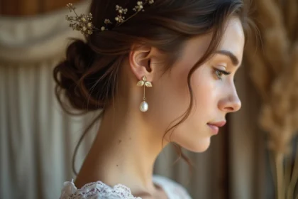Boucle d'oreille mariage champêtre avec perle et feuille dorée portée par une mariée au chignon romantique