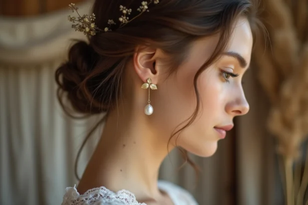 Boucle d'oreille mariage champêtre avec perle et feuille dorée portée par une mariée au chignon romantique