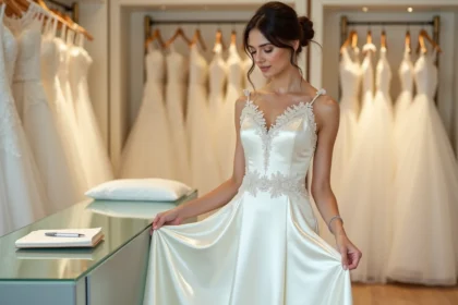 Mariée en robe ivoire dans une boutique de mariage tenant une étiquette de prix avec un carnet de budget ouvert sur le comptoir