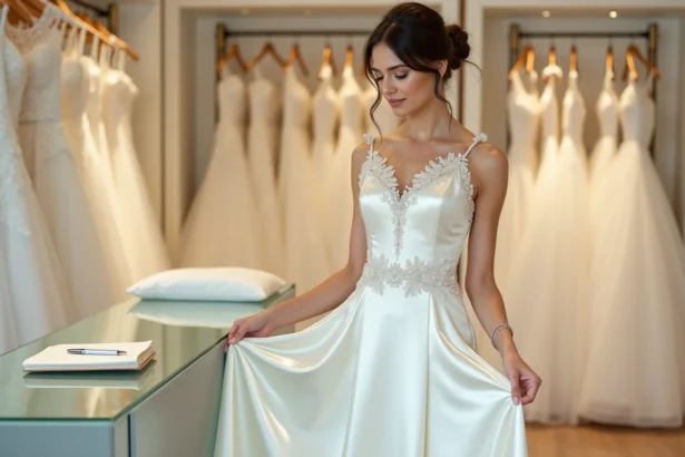 Mariée en robe ivoire dans une boutique de mariage tenant une étiquette de prix avec un carnet de budget ouvert sur le comptoir
