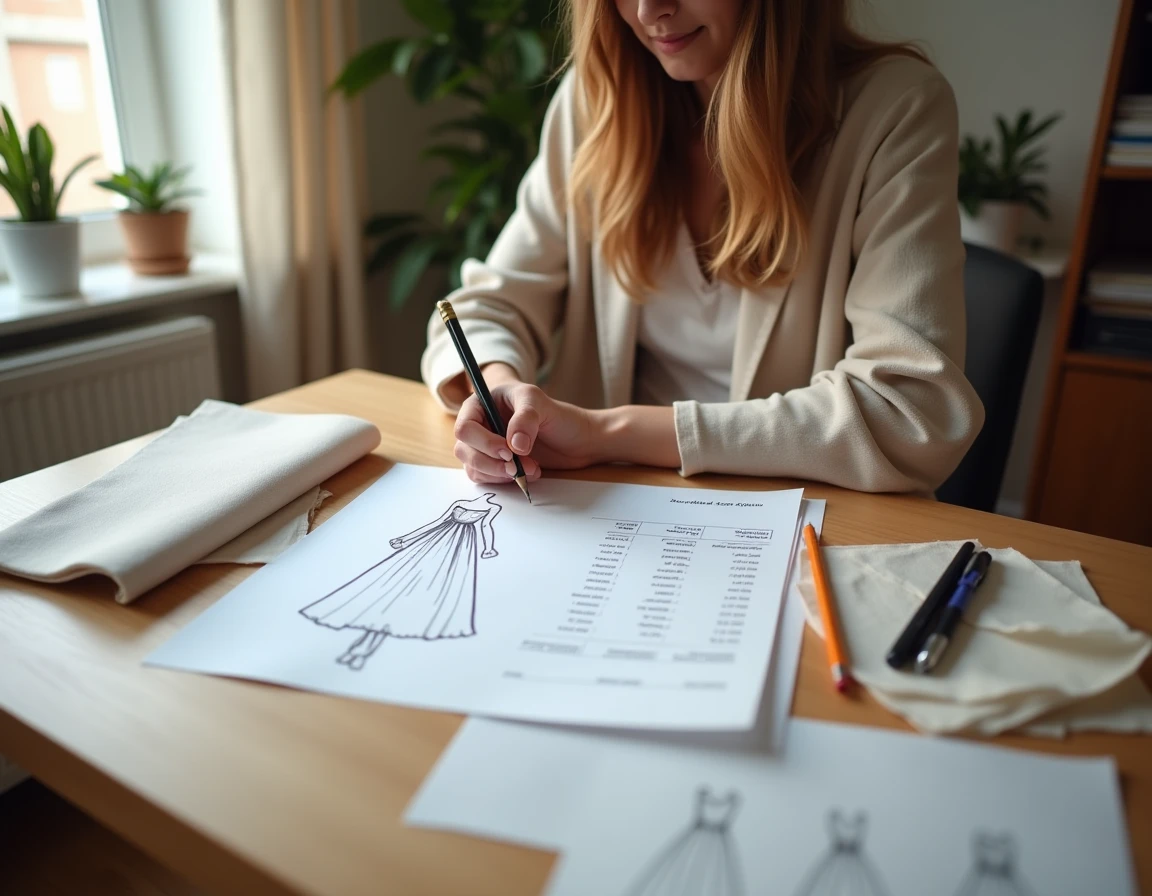Femme planifiant le budget d'une robe de mariée sur mesure avec des croquis et un tableau de coûts comparatifs posés sur un bureau