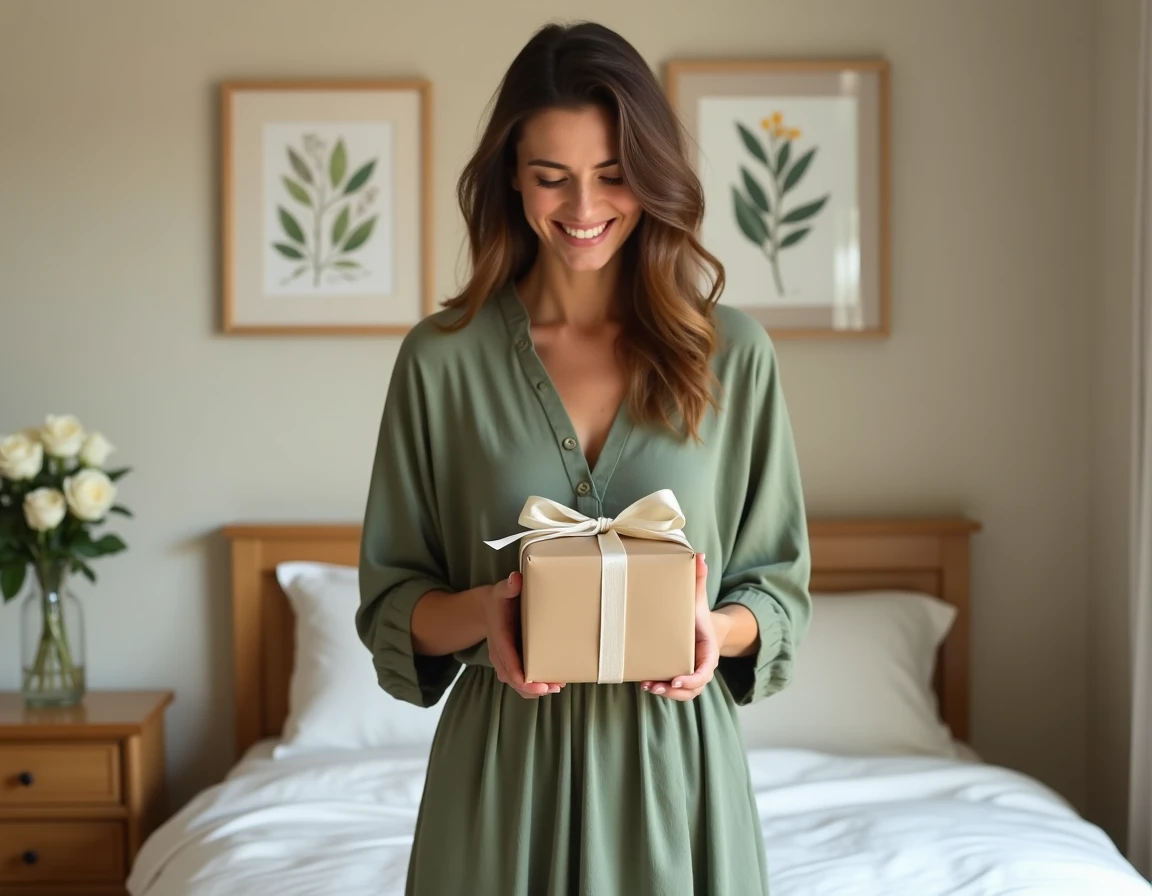 Femme déballant un cadeau de noces symbolisant les 2 mois de mariage avec ruban en coton, dans une chambre cosy aux tons neutres et chauds