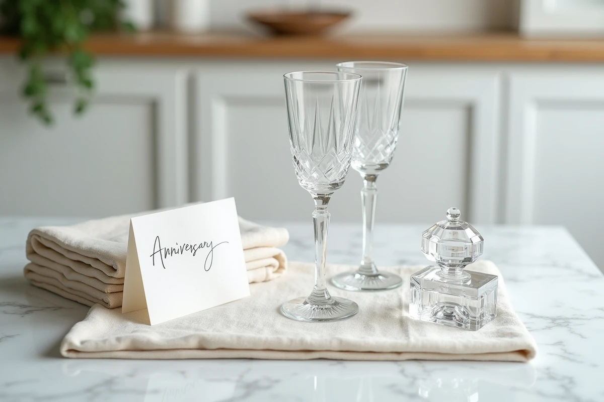 Cadeaux symboliques en cristal pour les noces de cristal, verres gravés et cadre photo sur marbre