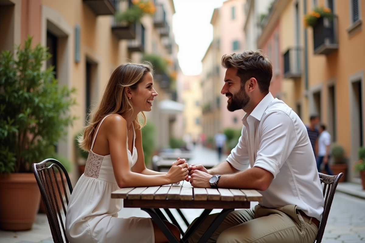 Jeune couple au café dans une vieille ville méditerranéenne