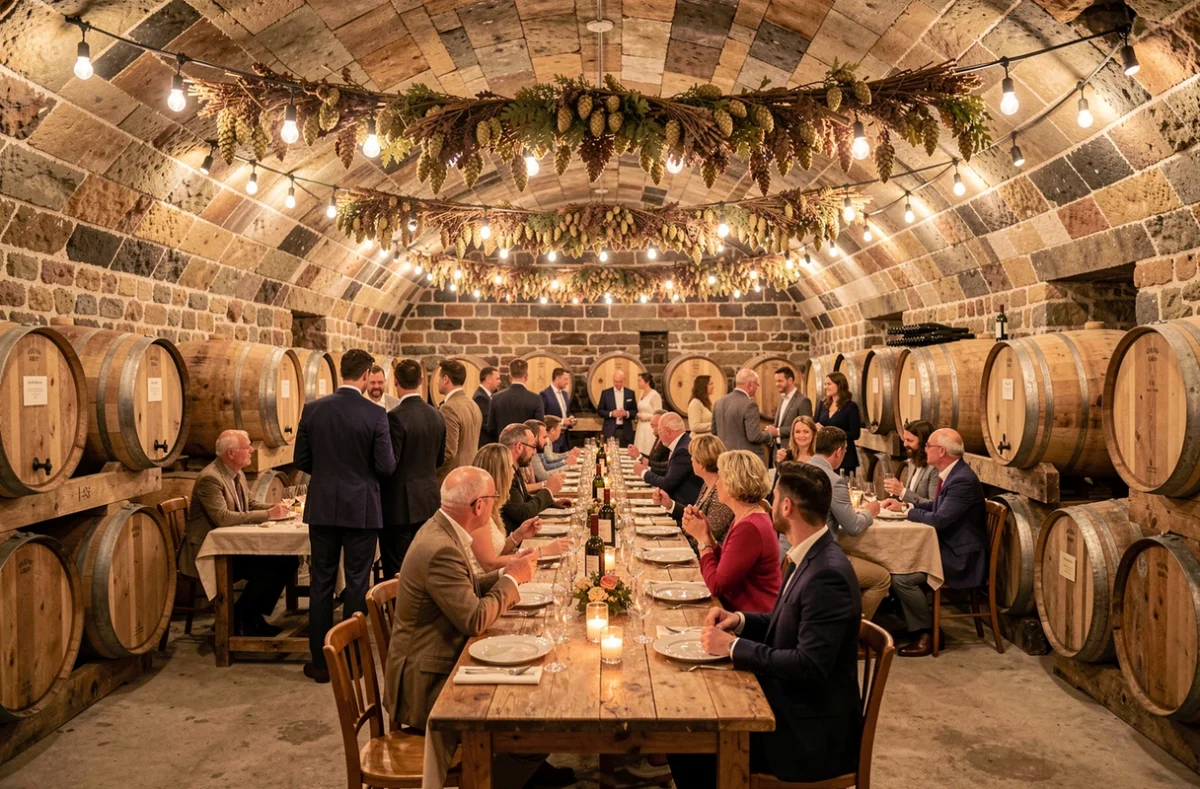 Réception de mariage dans le chai en pierre voûté des Chais de l'Epinay au Bignon avec tonneaux, guirlandes lumineuses et tables en bois