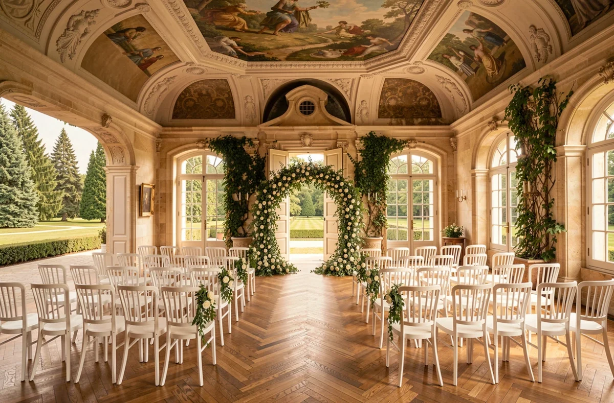Cérémonie de mariage dans le salon du Château de Breteuil avec arche florale et chaises blanches alignées