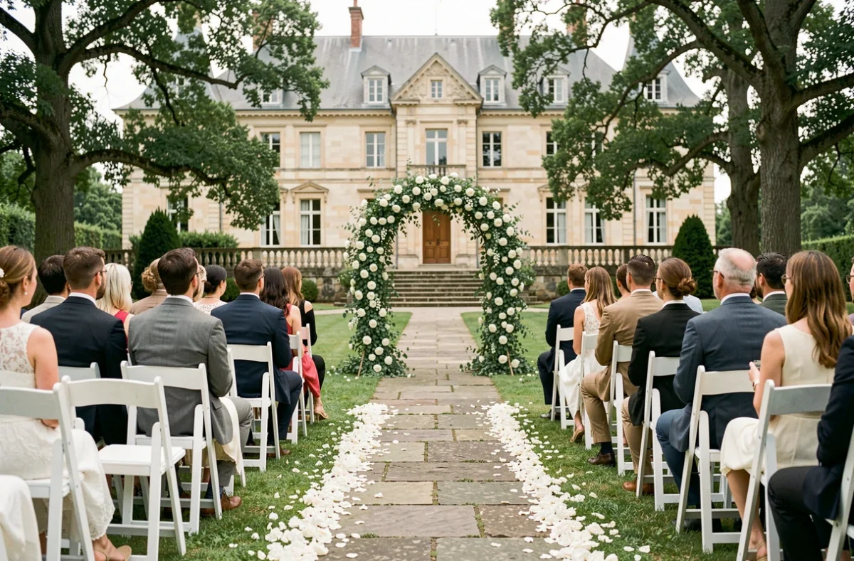 Cérémonie de mariage en extérieur dans les jardins du Château de la Cassemichère près de Nantes avec arche fleurie et château en arrière-plan
