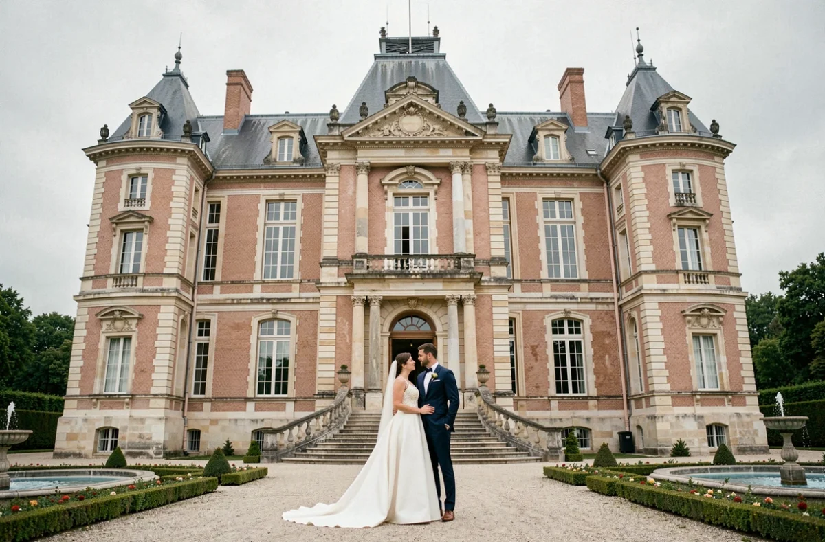 Mariés posant sur les marches du Château de Dampierre, château Louis XIV aux façades en brique et pierre