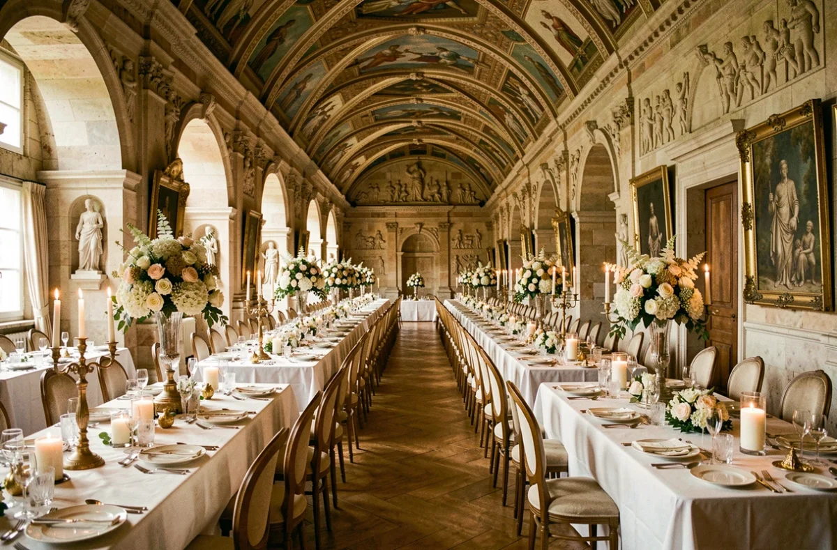 Réception de mariage dans la grande salle du Château de Goulaine, monument classé, avec décoration somptueuse et voûtes en pierre Renaissance