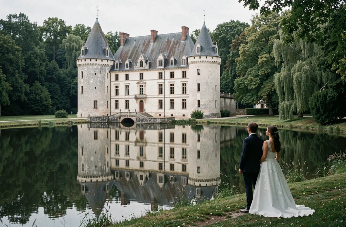 Couple de mariés au bord du lac devant le Château de Millemont avec reflet du château dans l'eau en Yvelines