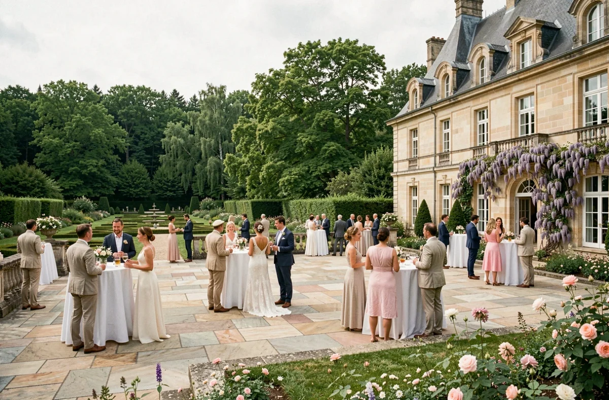 Cocktail de mariage en terrasse au Château de la Pigossière à Pont-Saint-Martin avec vue sur les jardins et façade du manoir