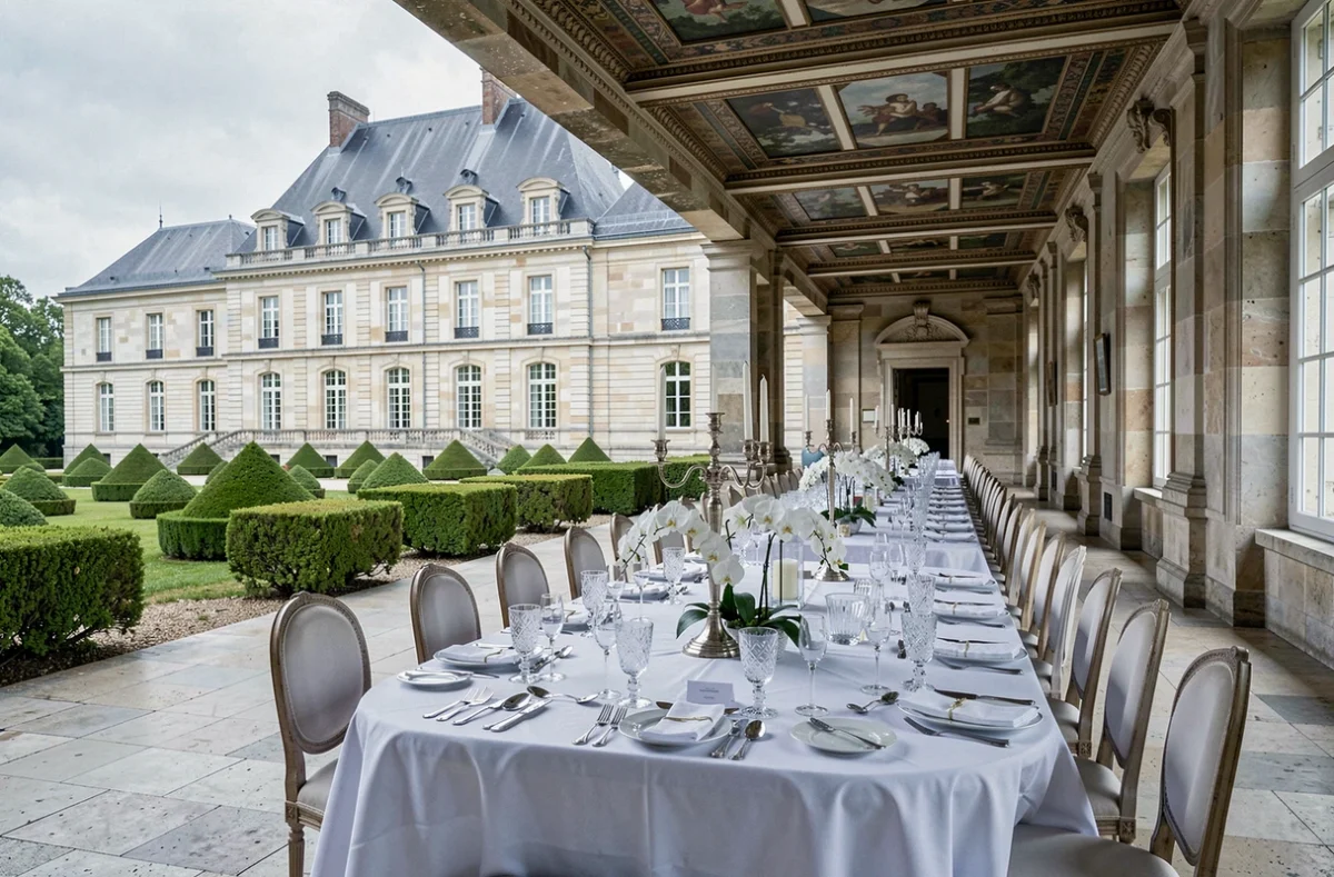 Banquet de mariage dans la galerie du Château de Pontchartrain avec grande table dressée et décoration en orchidées blanches