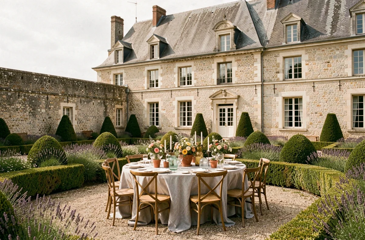 Réception de mariage intime dans la cour du Château de Rosay avec table ronde et décoration végétale en Yvelines