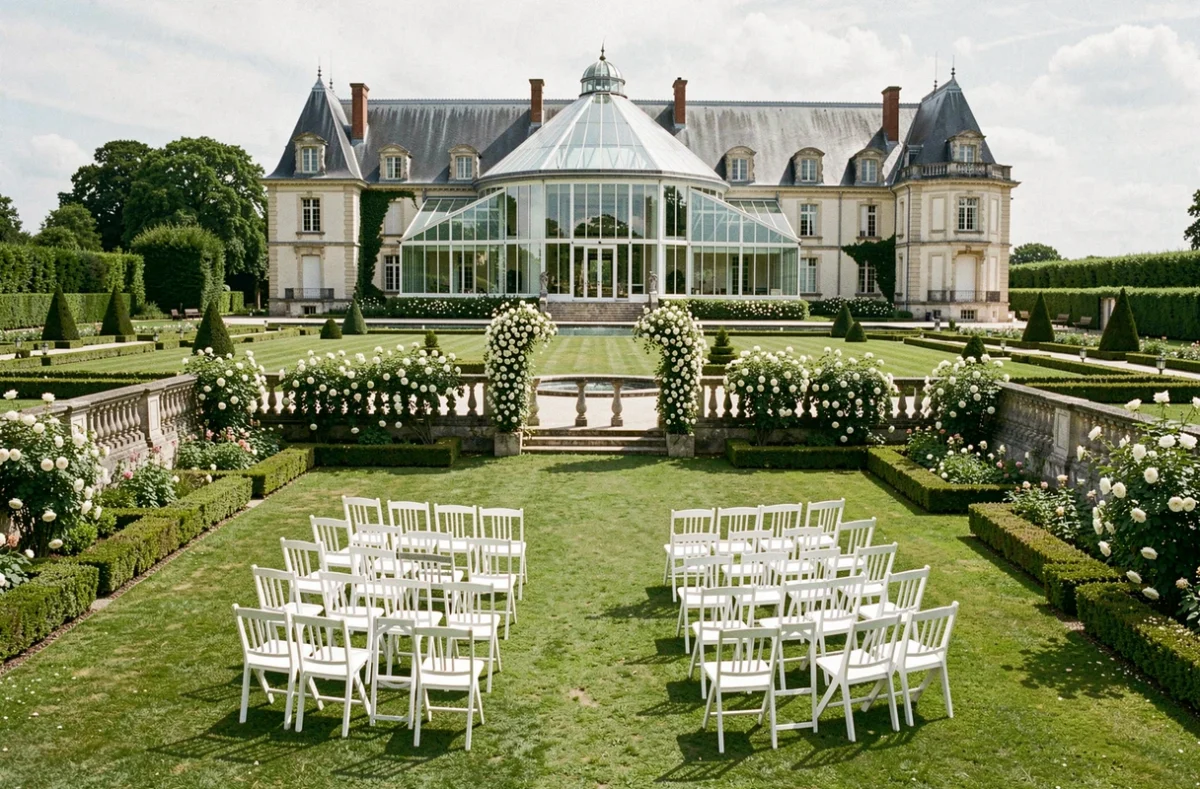Cérémonie de mariage en plein air dans les jardins du Château de Thoiry avec chaises blanches et balustrade fleurie