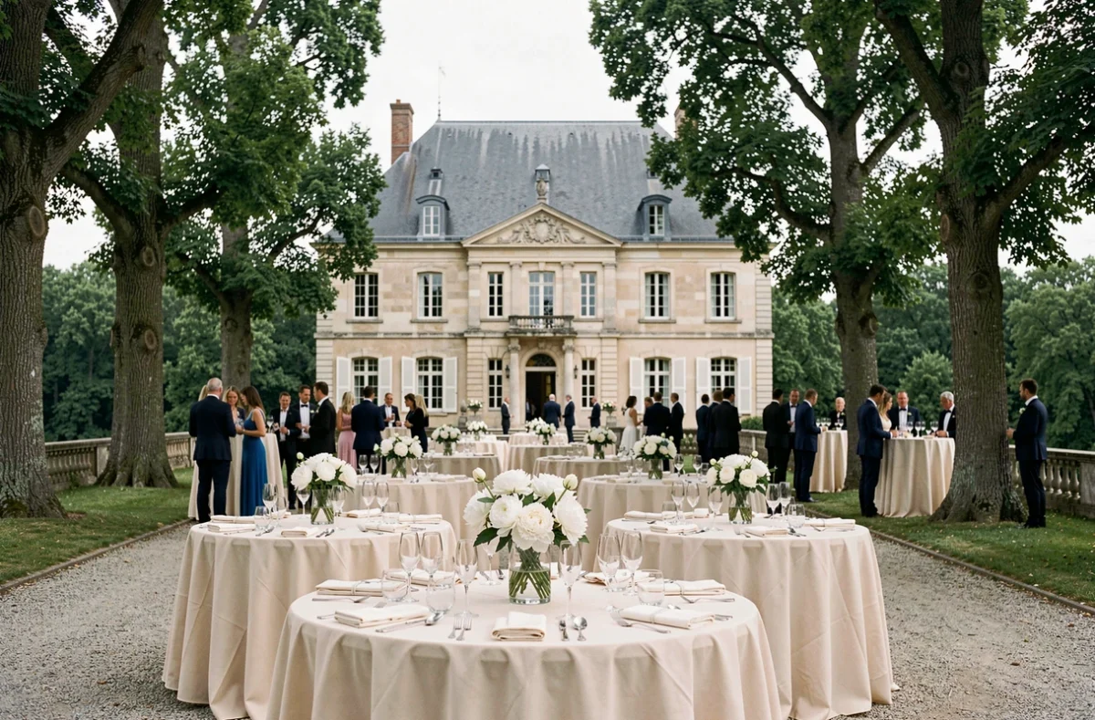 Réception de mariage en terrasse au Château de Vaux-sur-Seine avec tables décorées et invités en tenue formelle