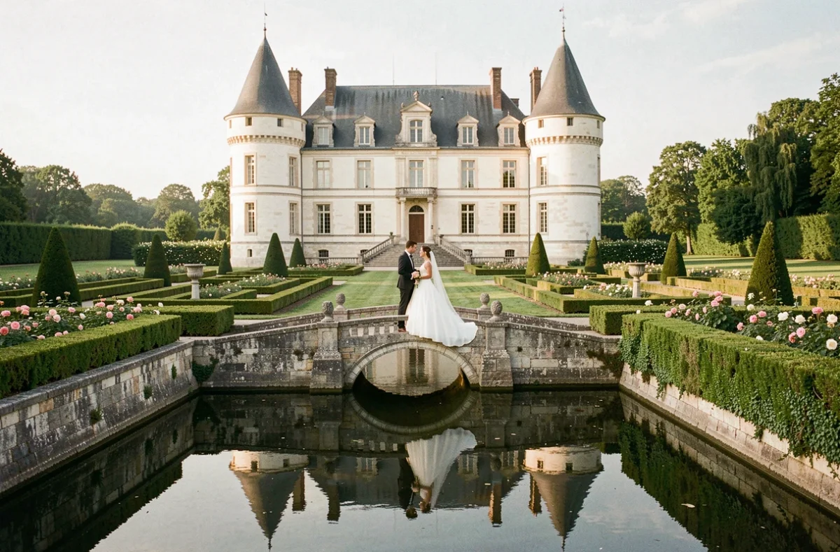 Couple de mariés devant le Château de Villiers-le-Mahieu entouré de ses douves et jardins à la française
