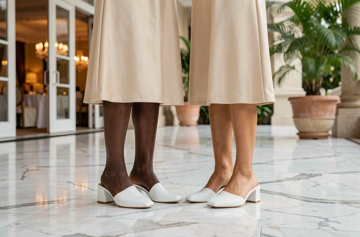 Deux femmes aux carnations différentes portant des mules blanches à talons bloc pour mariage sur une terrasse en marbre