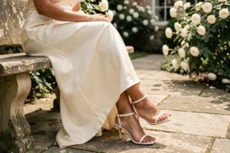 Femme à peau mate portant des sandales blanches à talons pour mariage, assise dans un jardin fleuri avec robe en satin ivoire