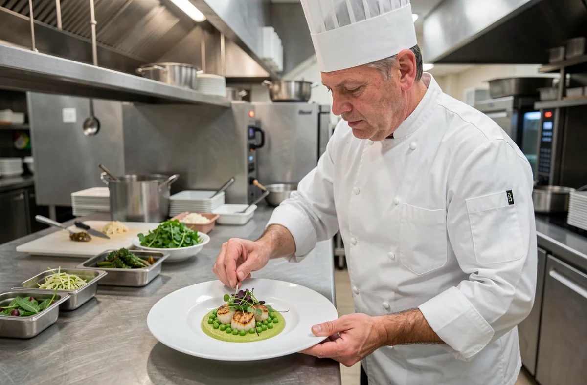 Chef traiteur dressant une assiette de noces raffinée avec saint-jacques et purée de petits pois en cuisine professionnelle