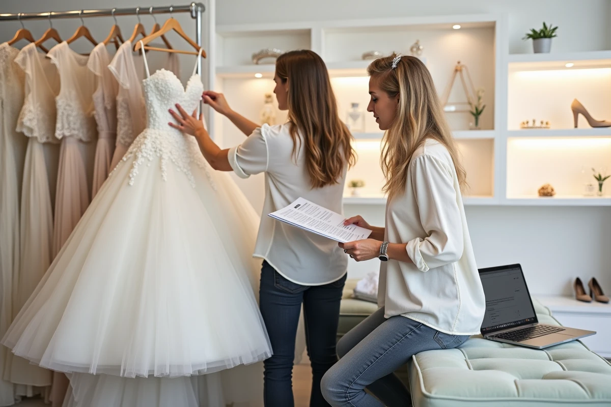 Deux femmes consultant des robes de mariée sur un portant dans un showroom de location à Strasbourg