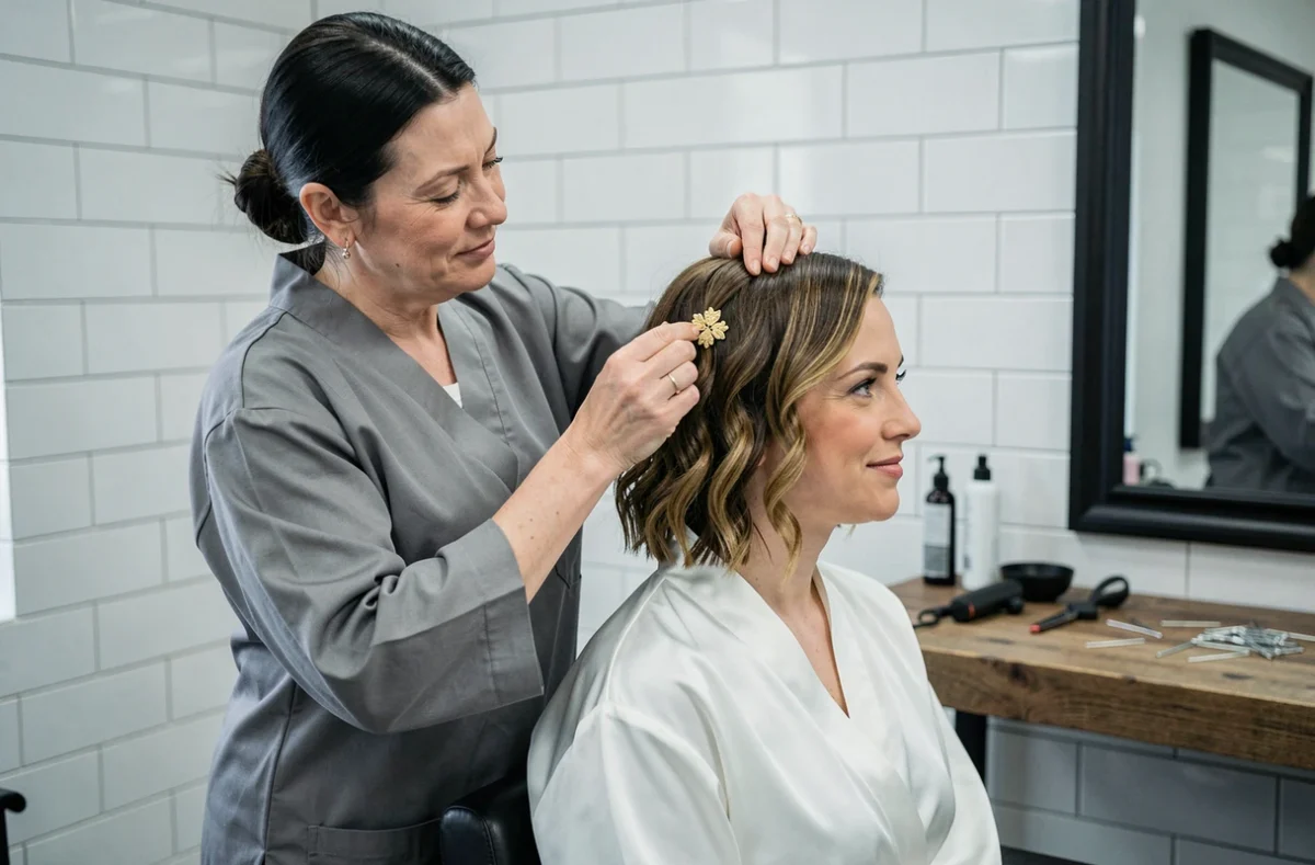 Coiffeuse professionnelle fixant une épingle dorée en forme de fleur dans la coiffure courte d'une mariée dans un salon
