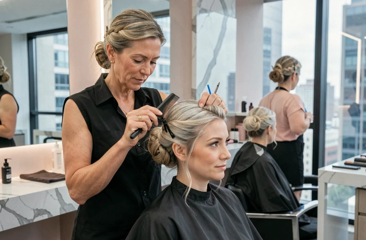 Coiffeuse professionnelle réalisant un chignon volumineux sur une mariée aux cheveux fins dans un salon de coiffure moderne