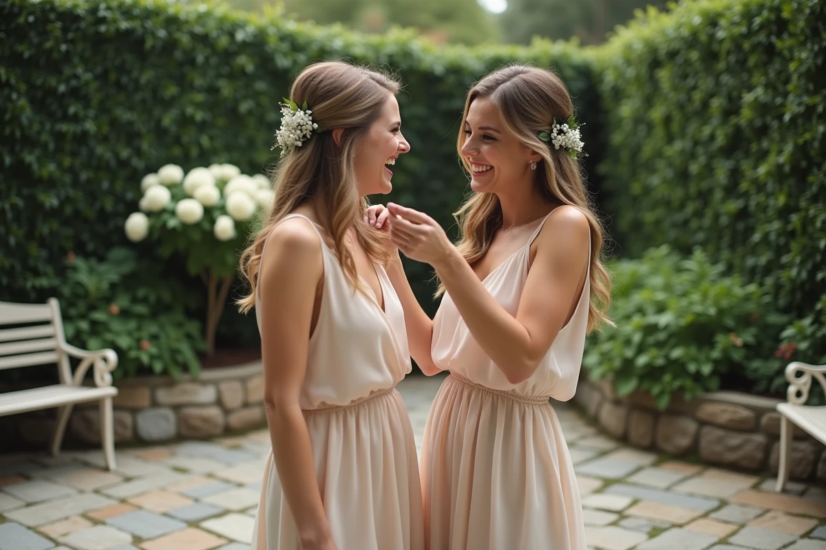 Deux demoiselles d'honneur en robe champagne dans un jardin, coiffure semi-relevée avec accessoire floral pour un mariage en extérieur