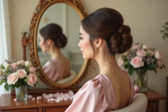 Demoiselle d'honneur en robe rose poudré assise dans un salon de coiffure vintage, coiffure élégante en chignon avec mèches encadrant le visage