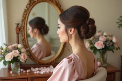 Demoiselle d'honneur en robe rose poudré assise dans un salon de coiffure vintage, coiffure élégante en chignon avec mèches encadrant le visage
