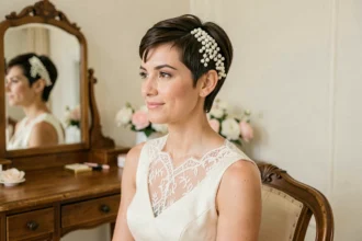 Femme avec coupe courte pixie ornée de barrettes en perles pour un mariage, assise devant un miroir de coiffeuse vintage