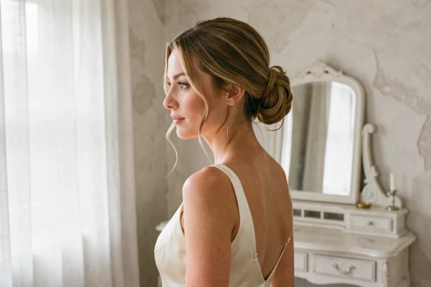 Femme aux cheveux fins coiffée d'un chignon bas élégant avec volume sur le dessus pour un mariage chic et minimaliste