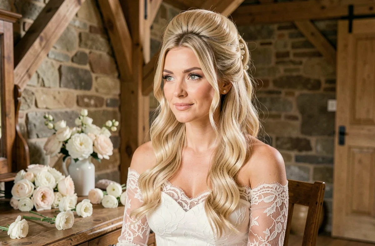 Coiffure demi-queue volumineuse avec épingles en perles pour mariée aux cheveux fins dans une ambiance champêtre
